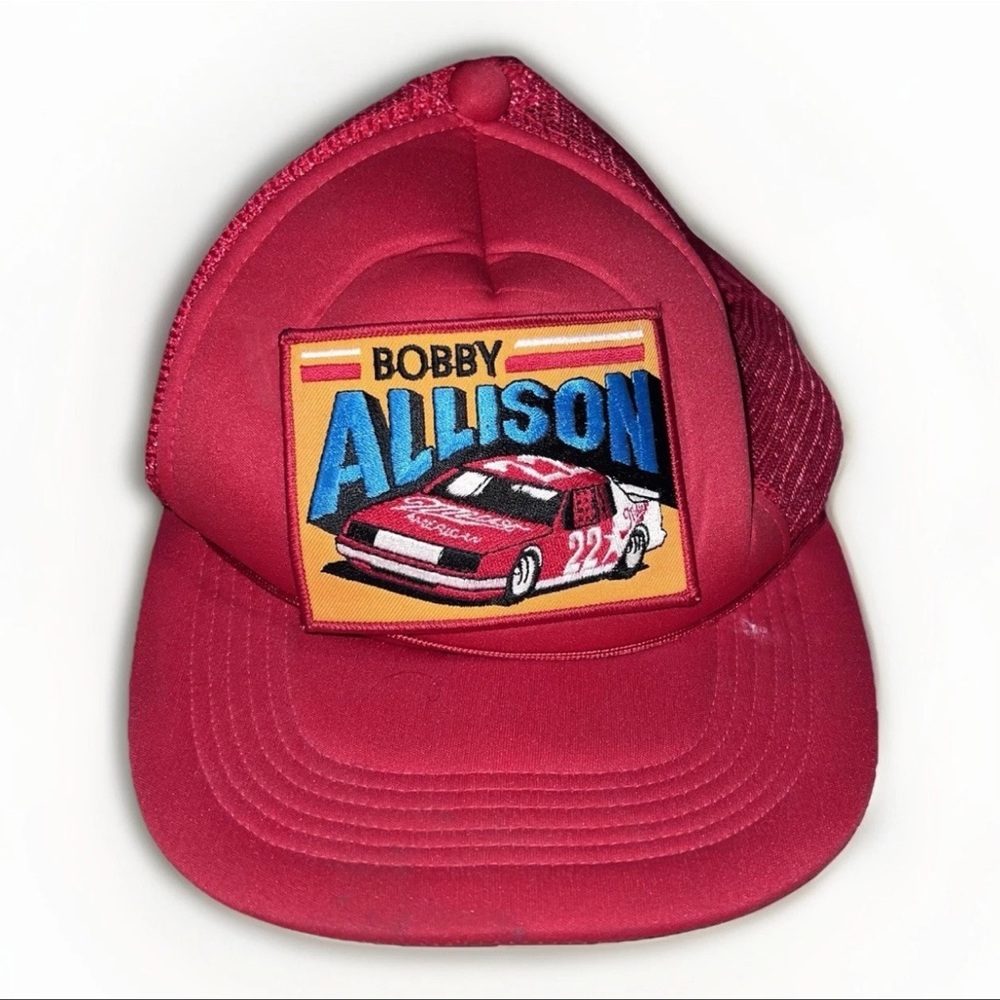 Vintage 80s Bobby Allison NASCAR Patch Foam Mesh Trucker Hat Cap Racing Red Beer